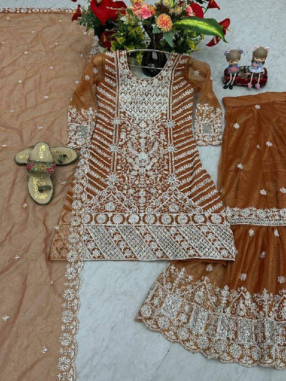 Rust Orange Lily Net Farshi Sharara &amp; Dupatta Suit