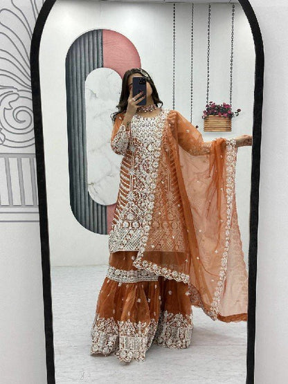 Rust Orange Lily Net Farshi Sharara &amp; Dupatta Suit