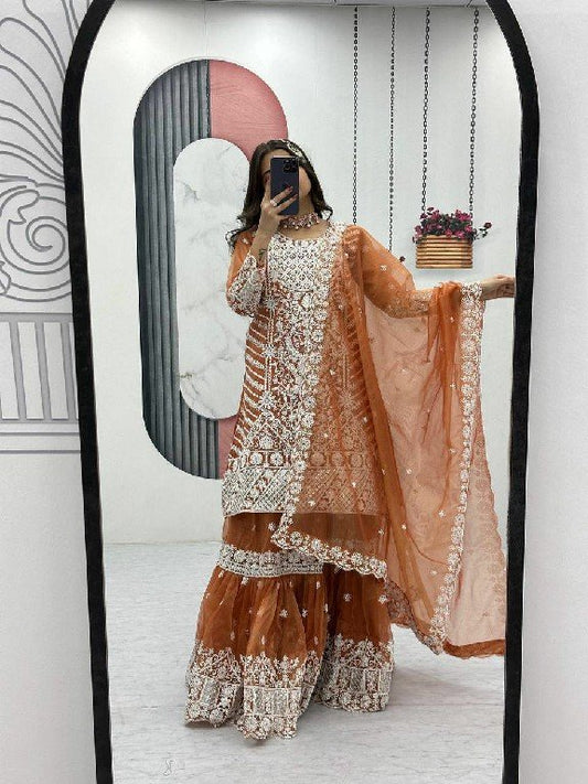 Rust Orange Lily Net Farshi Sharara &amp; Dupatta Suit