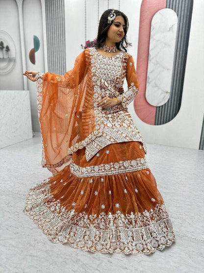 Rust Orange Lily Net Farshi Sharara &amp; Dupatta Suit
