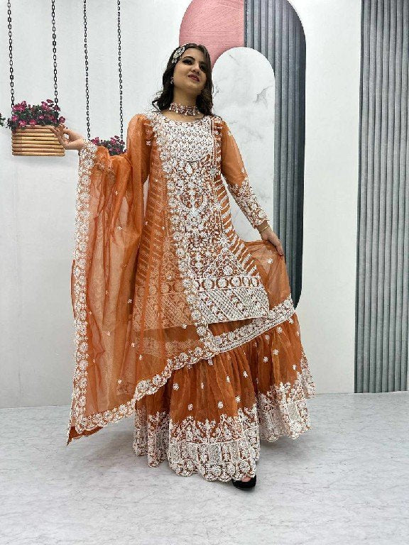 Rust Orange Lily Net Farshi Sharara &amp; Dupatta Suit