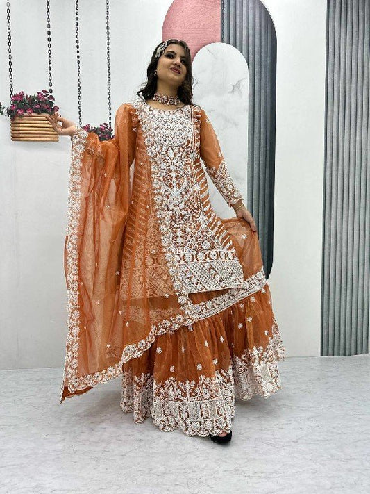 Rust Orange Lily Net Farshi Sharara &amp; Dupatta Suit