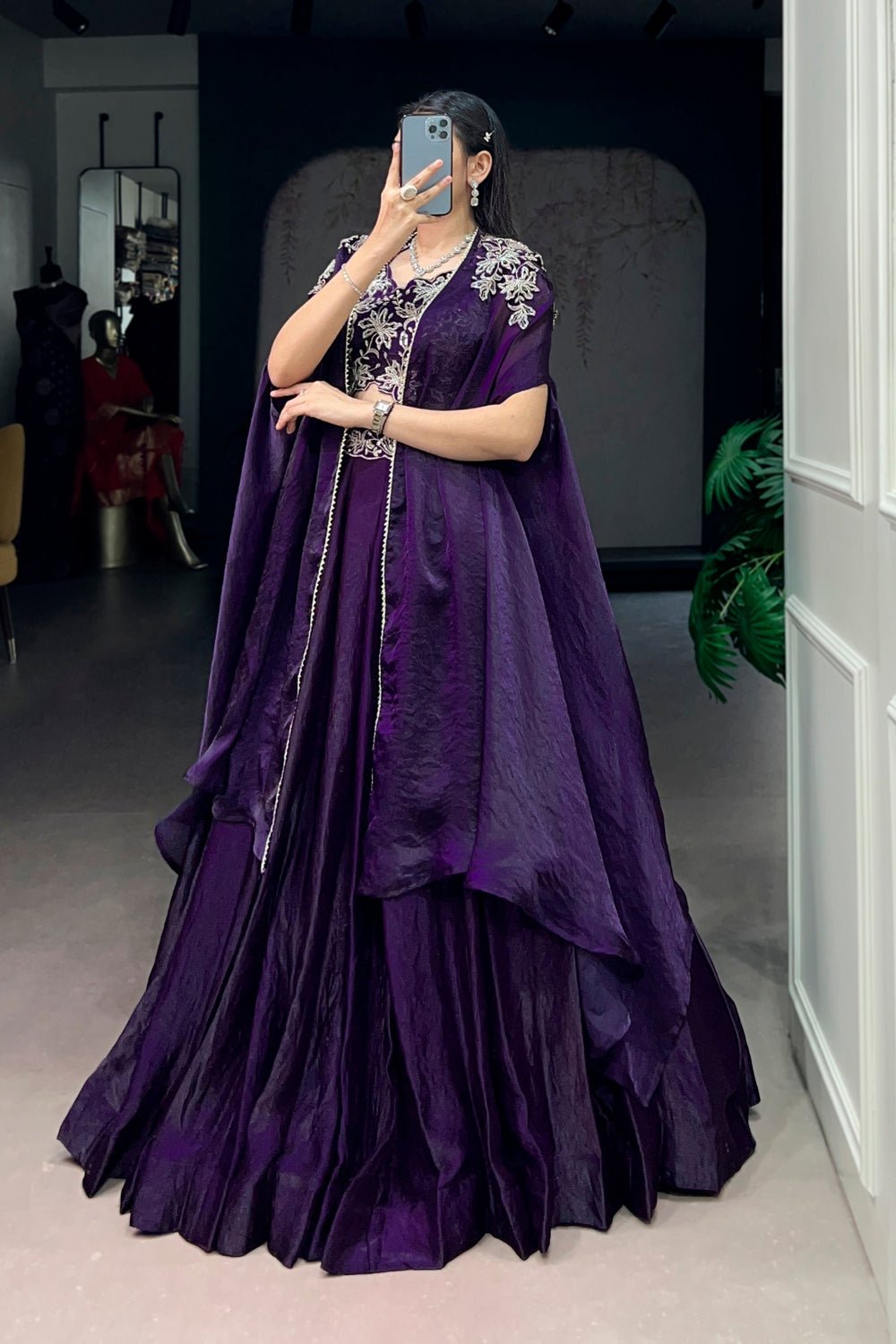 Stunning Purple Fendi Silk Embroidered Lehenga With Shrug