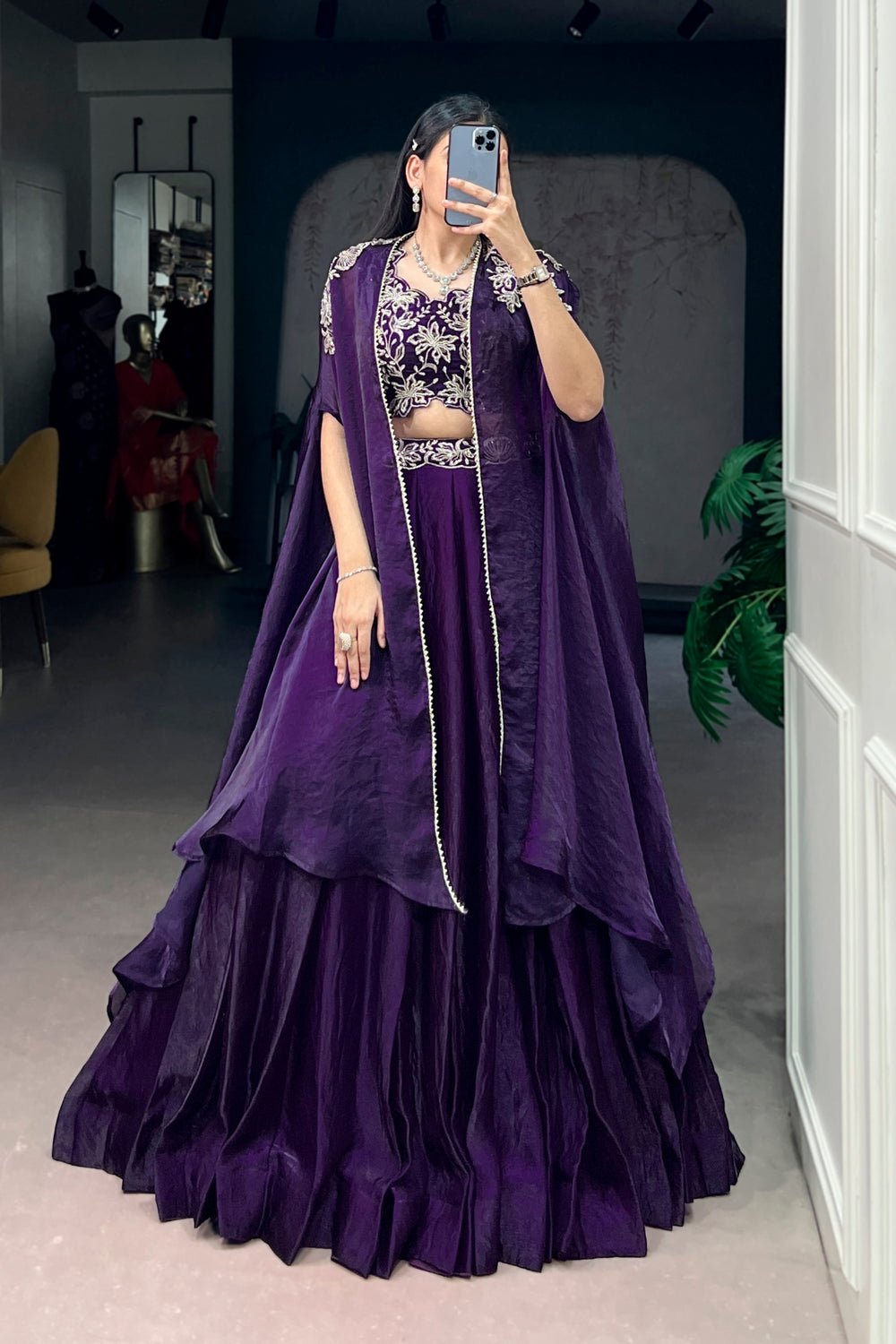 Stunning Purple Fendi Silk Embroidered Lehenga With Shrug