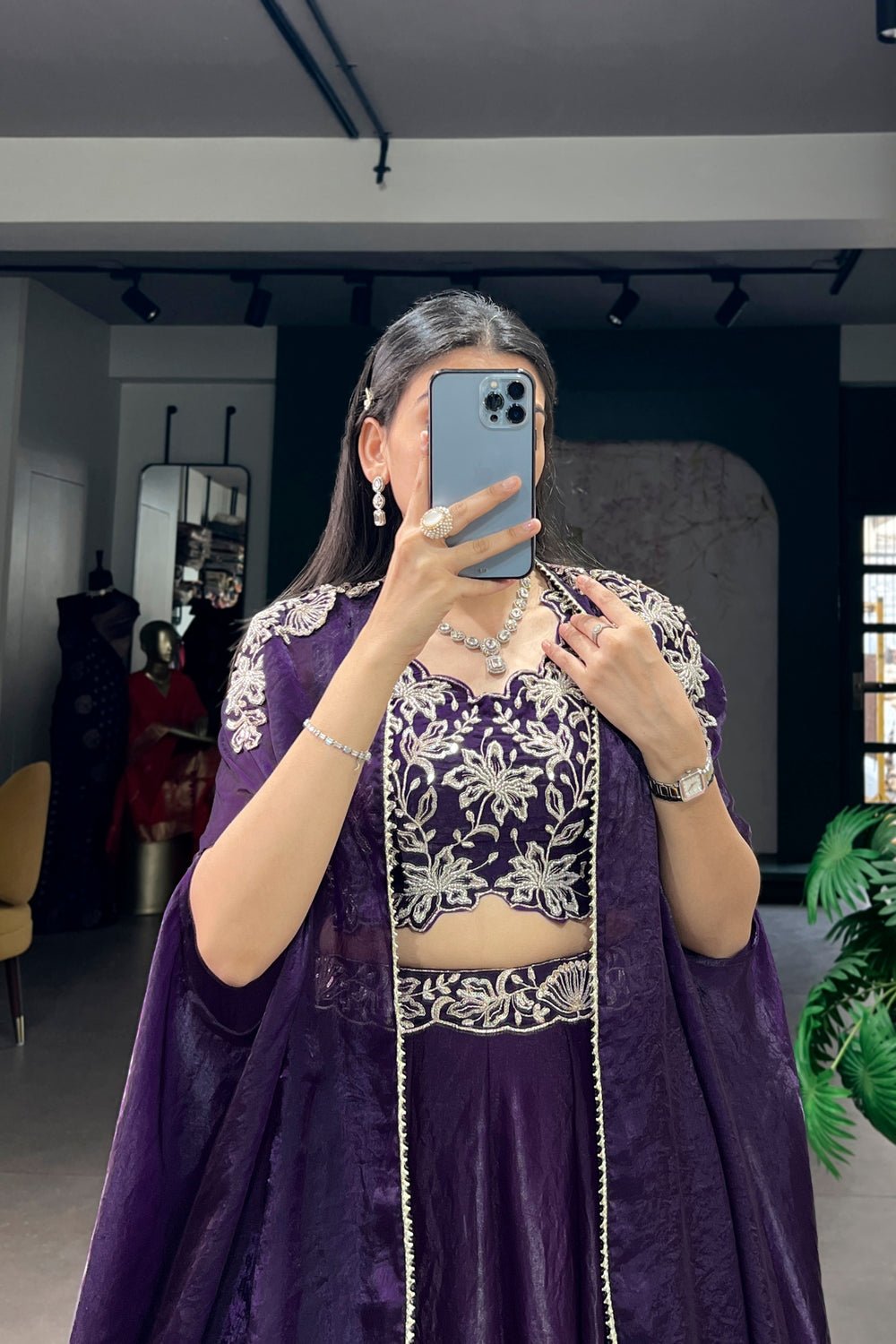 Stunning Purple Fendi Silk Embroidered Lehenga With Shrug