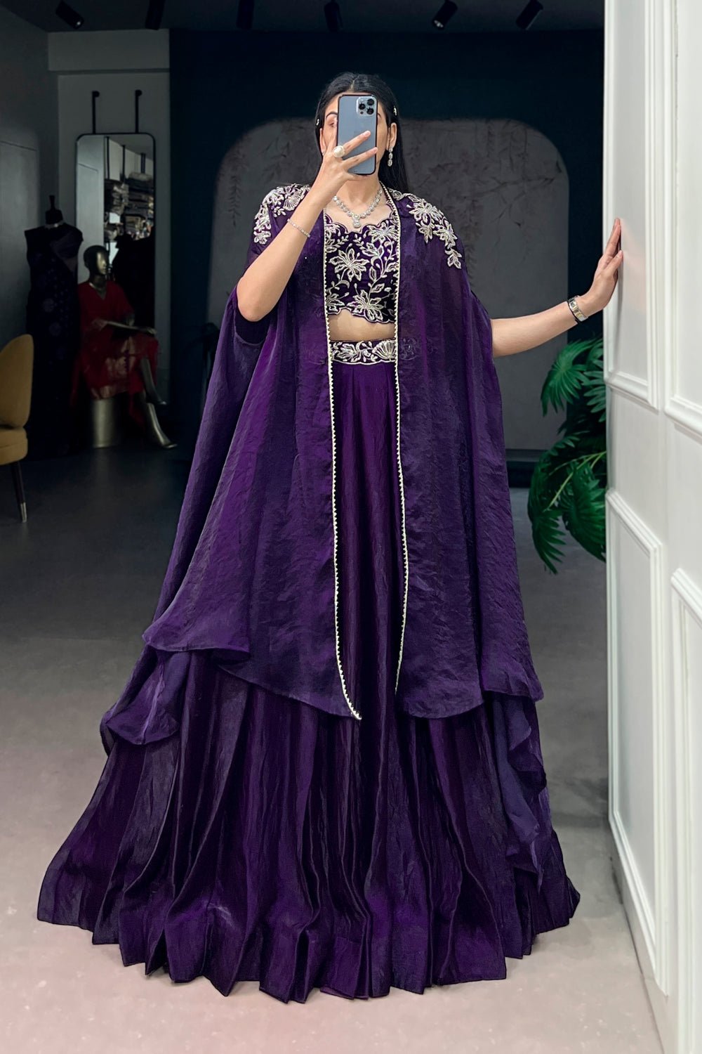 Stunning Purple Fendi Silk Embroidered Lehenga With Shrug