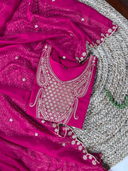 Elegant Pink Organza Embroidered Kurti Set With Sequins Work