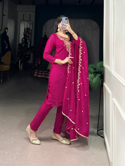 Elegant Pink Organza Embroidered Kurti Set With Sequins Work