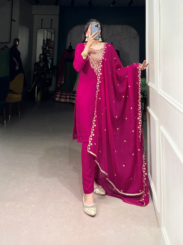 Elegant Pink Organza Embroidered Kurti Set With Sequins Work