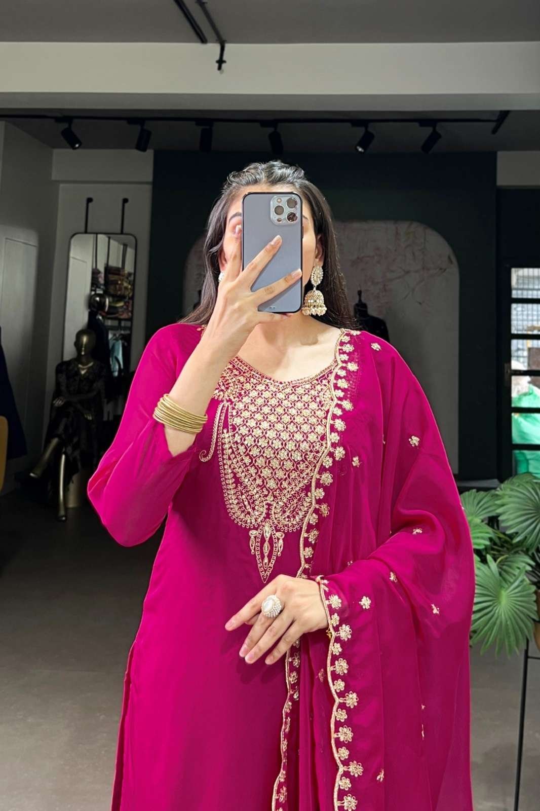 Elegant Pink Organza Embroidered Kurti Set With Sequins Work