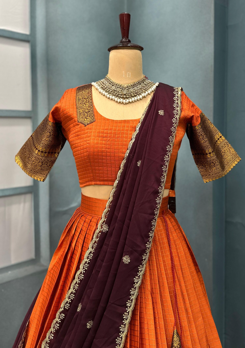 Elegant Gadwal Style Rust Orange Silk Lehenga Choli
