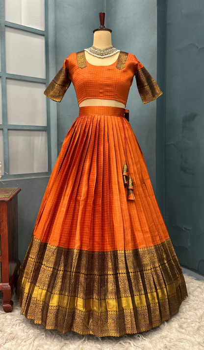 Elegant Gadwal Style Rust Orange Silk Lehenga Choli