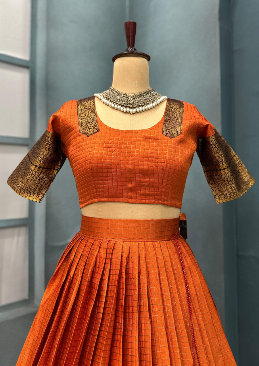 Elegant Gadwal Style Rust Orange Silk Lehenga Choli