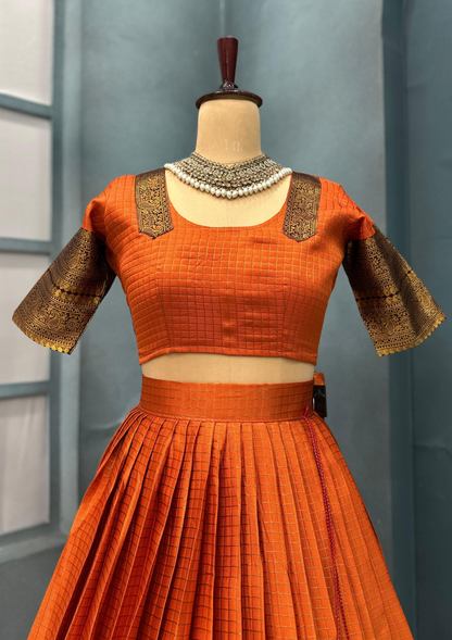 Elegant Gadwal Style Rust Orange Silk Lehenga Choli