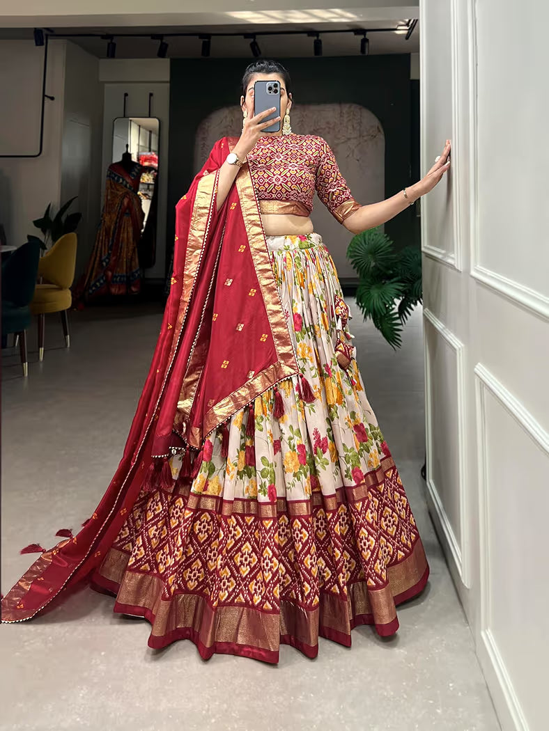 Latest Tussar Silk Lehenga With Patola Work Print