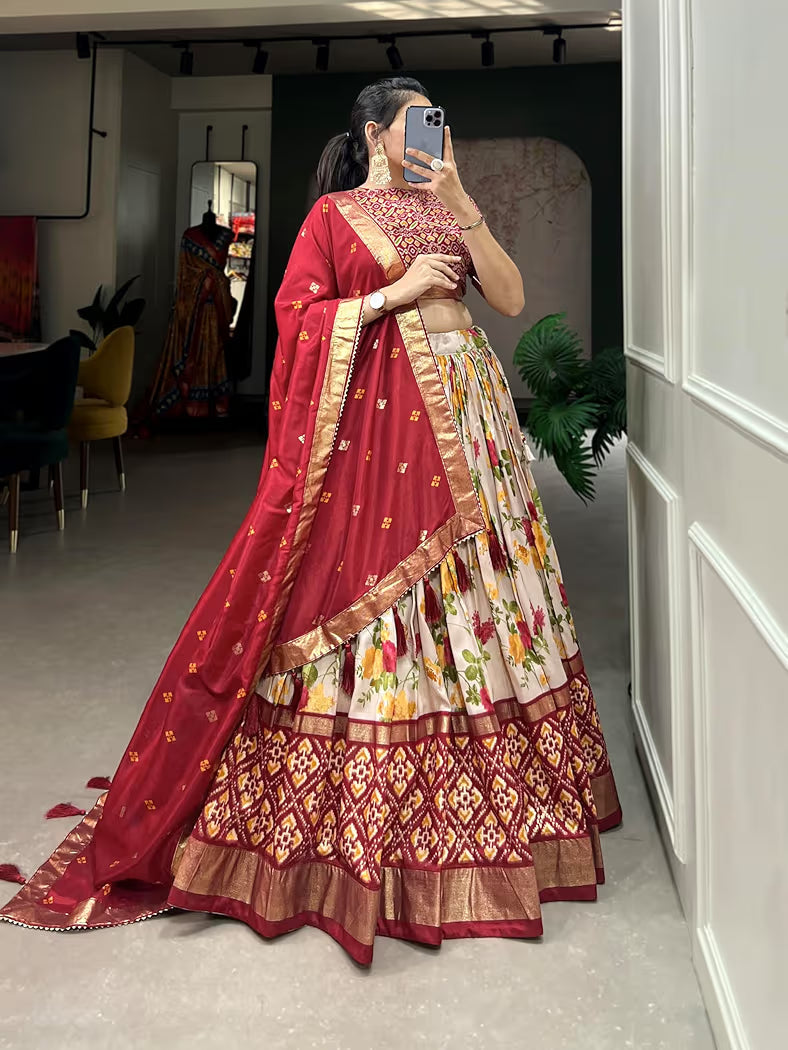 Latest Tussar Silk Lehenga With Patola Work Print