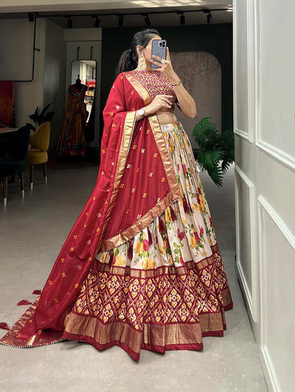 Latest Tussar Silk Lehenga With Patola Work Print