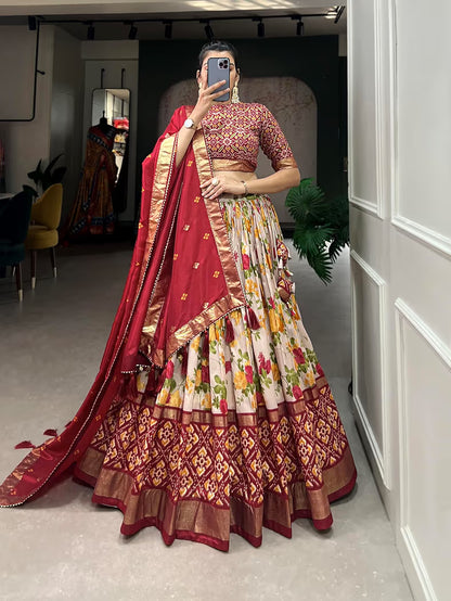 Latest Tussar Silk Lehenga With Patola Work Print