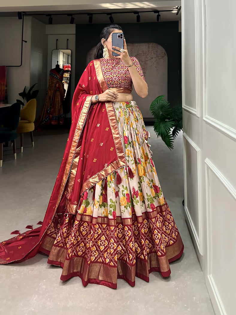 Latest Tussar Silk Lehenga With Patola Work Print