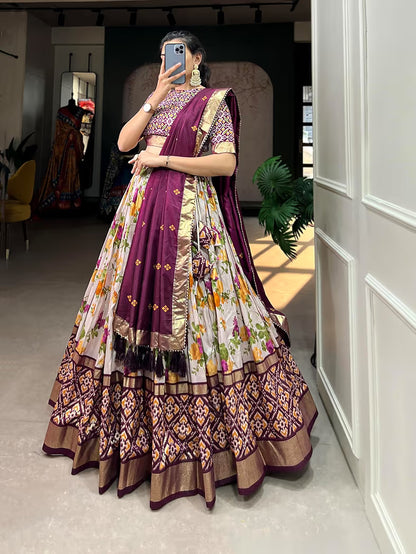 Trendy Wine Tussar Silk Lehenga With Patola Print