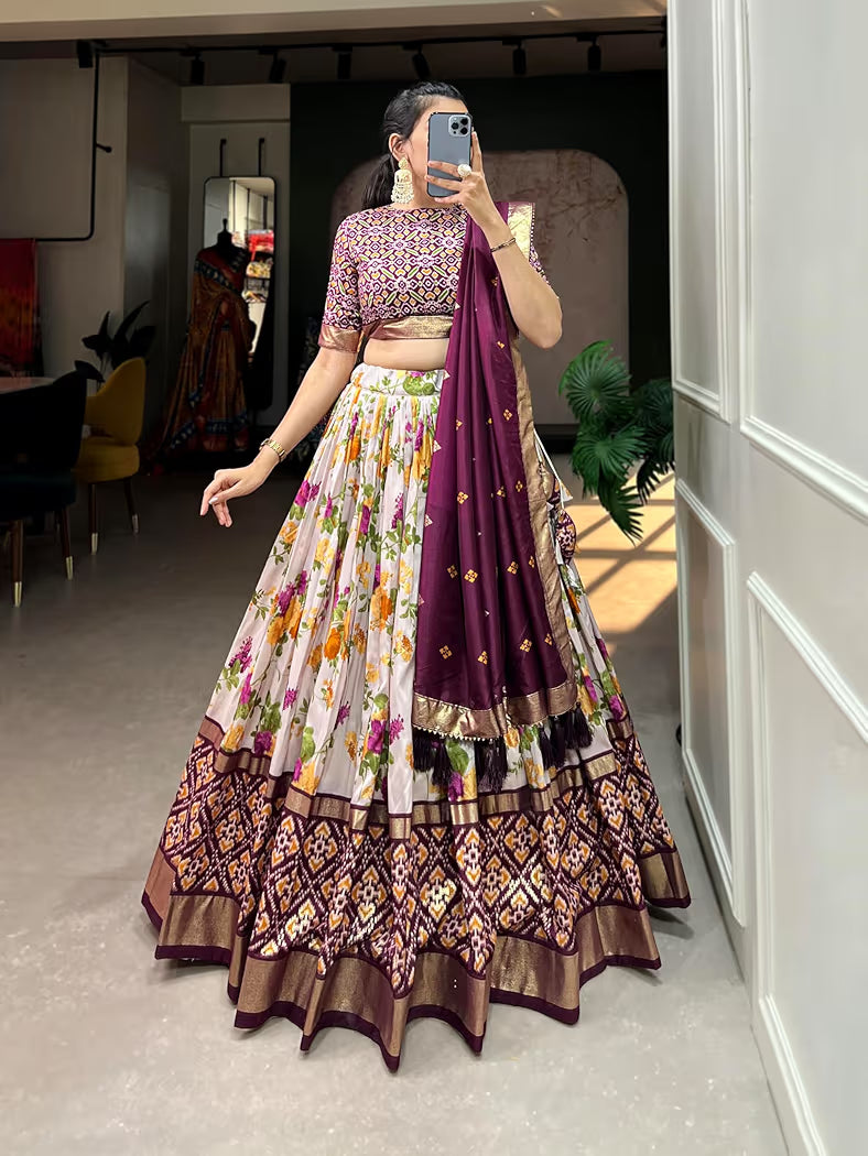 Trendy Wine Tussar Silk Lehenga With Patola Print