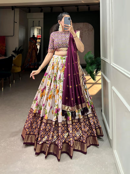 Trendy Wine Tussar Silk Lehenga With Patola Print