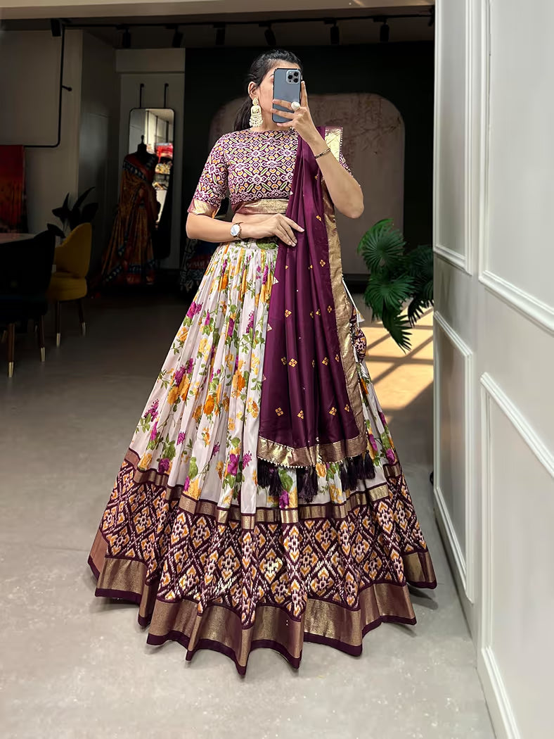 Trendy Wine Tussar Silk Lehenga With Patola Print