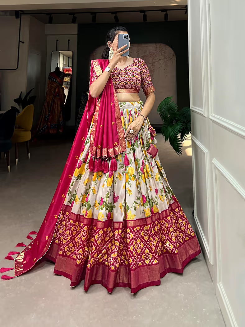 Gorgeous Pink Tussar Silk Lehenga With Patola Print