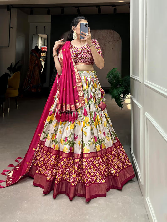 Gorgeous Pink Tussar Silk Lehenga With Patola Print
