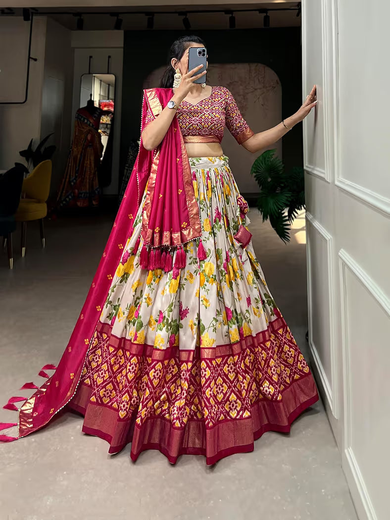 Gorgeous Pink Tussar Silk Lehenga With Patola Print