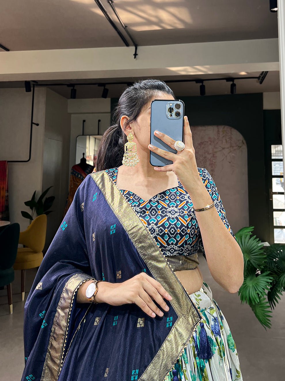 Elegant Navy Blue Tussar Silk Lehenga With Patola Print