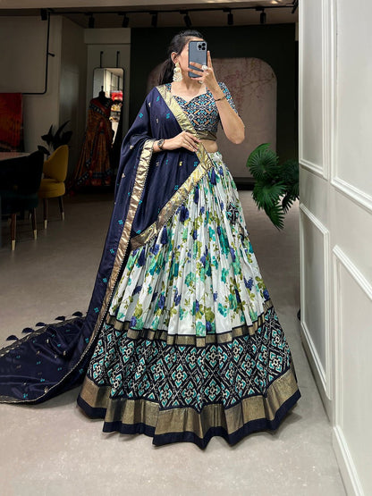 Elegant Navy Blue Tussar Silk Lehenga With Patola Print
