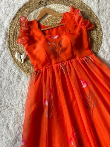 Orange Soft Tabby Maxi Gown With Floral Print