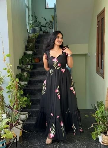 Classy Black Soft Tabby Maxi Gown With Floral Print