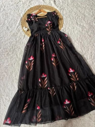 Classy Black Soft Tabby Maxi Gown With Floral Print