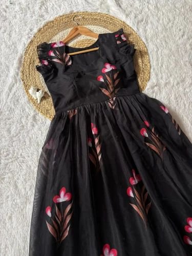 Classy Black Soft Tabby Maxi Gown With Floral Print