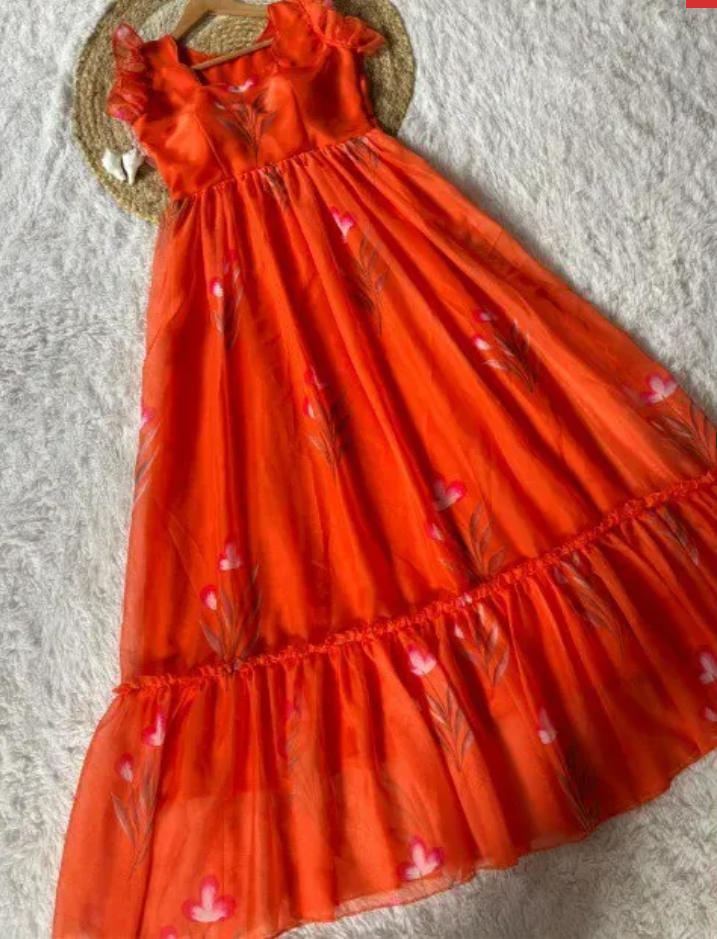 Orange Soft Tabby Maxi Gown With Floral Print