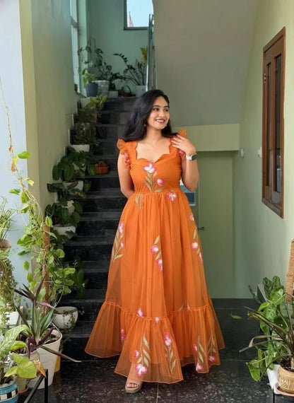 Orange Soft Tabby Maxi Gown With Floral Print