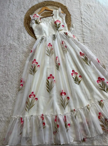 Trendy White Soft Tabby Maxi Gown With Floral Print Work