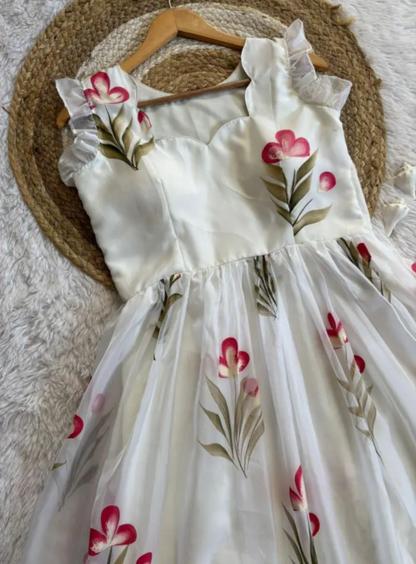 Trendy White Soft Tabby Maxi Gown With Floral Print Work