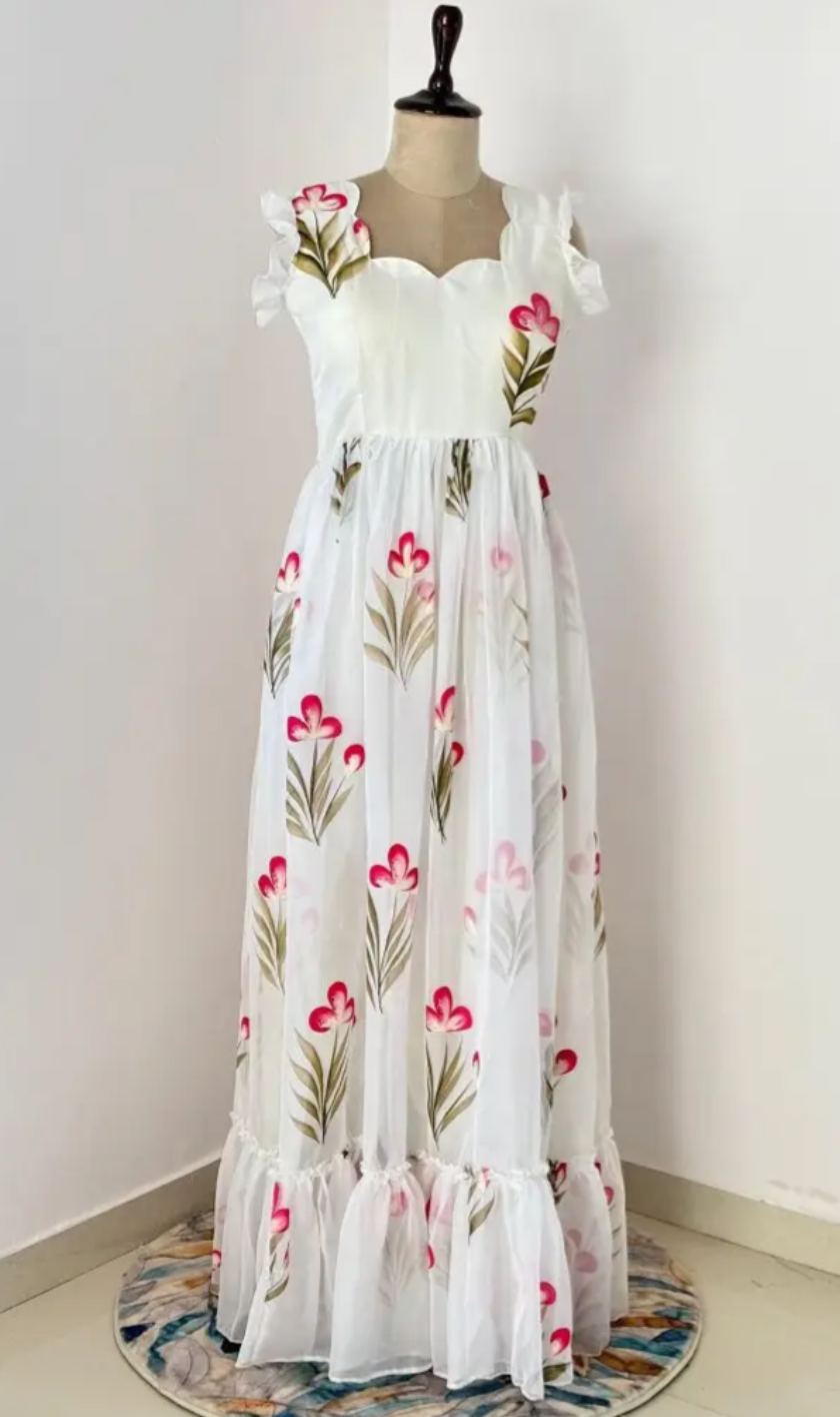 Trendy White Soft Tabby Maxi Gown With Floral Print Work