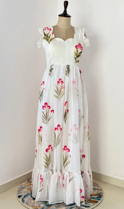 Trendy White Soft Tabby Maxi Gown With Floral Print Work