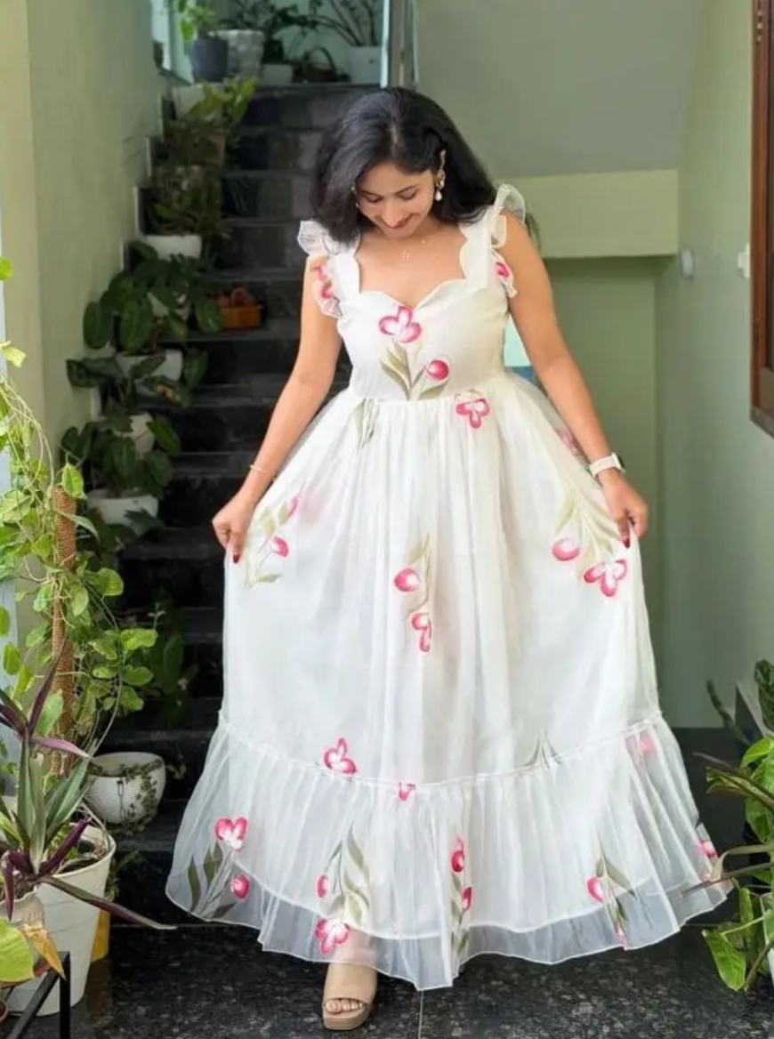 Trendy White Soft Tabby Maxi Gown With Floral Print Work