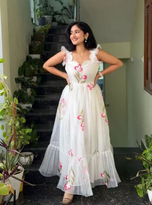 Trendy White Soft Tabby Maxi Gown With Floral Print Work