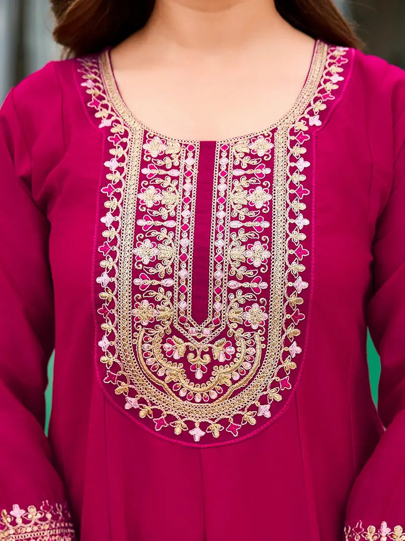 Stunning Magenta Vichitra Silk Anarkali Kurta Set With Sequins Work