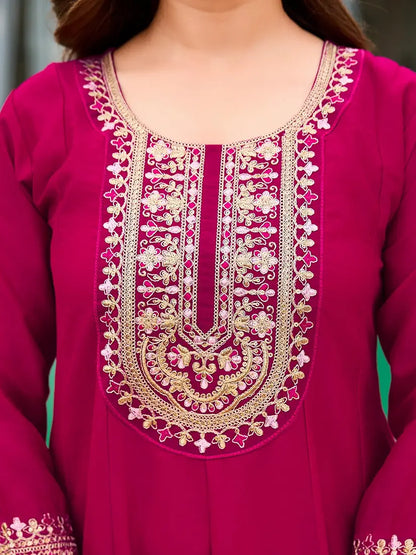 Stunning Magenta Vichitra Silk Anarkali Kurta Set With Sequins Work
