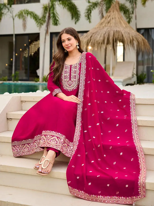 Stunning Magenta Vichitra Silk Anarkali Kurta Set With Sequins Work