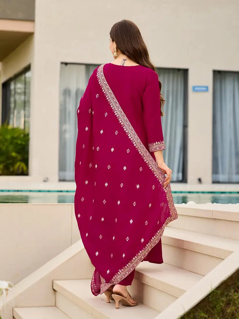 Stunning Magenta Vichitra Silk Anarkali Kurta Set With Sequins Work