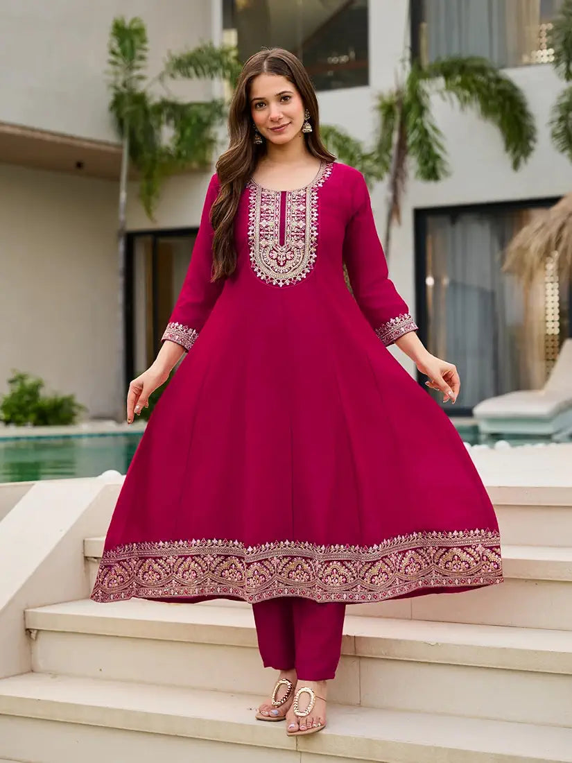 Stunning Magenta Vichitra Silk Anarkali Kurta Set With Sequins Work