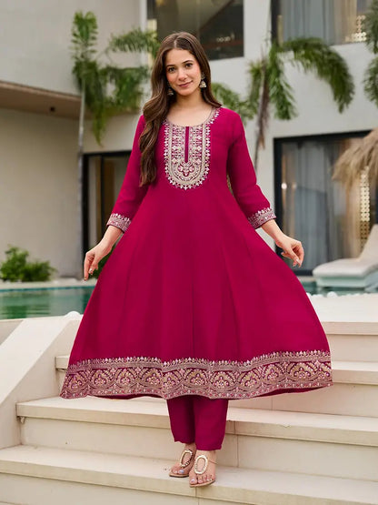 Stunning Magenta Vichitra Silk Anarkali Kurta Set With Sequins Work